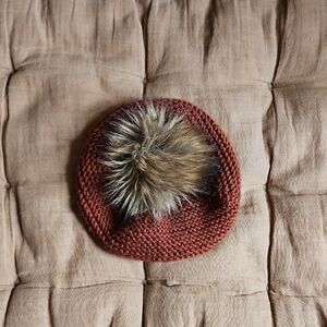 Rust Brown Knit Beret Hat with Faux Fur Pom